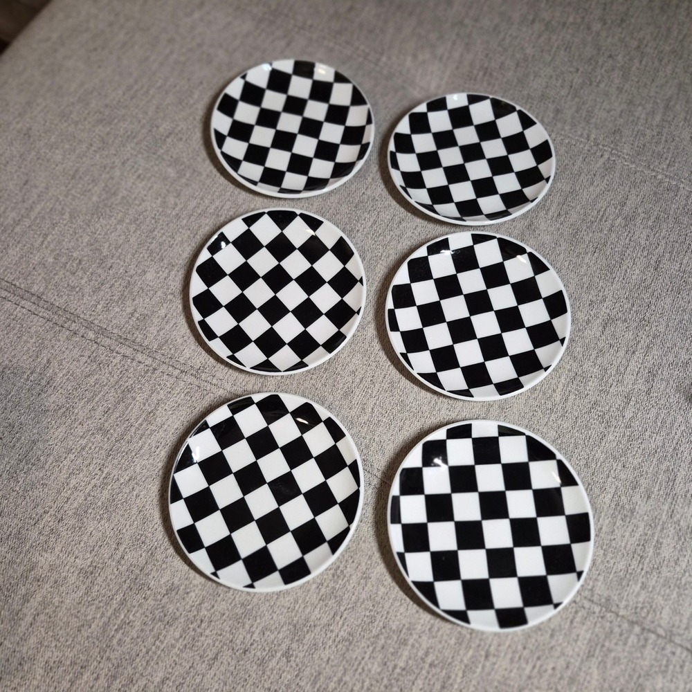 Set of 6 Black and White Checkered Ceramic Appetizer Plates Trinket Trays 6in